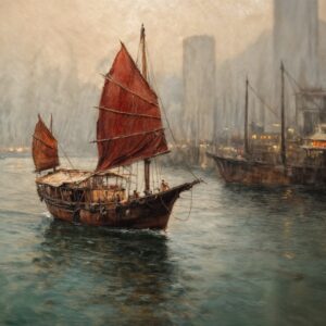 Crimson Sails on Jade Water - AI References