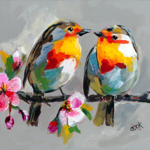 European Robins Perched on a Cherry Blossom Branch | References Only