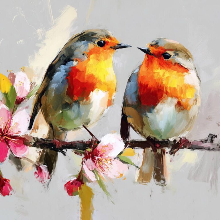 European Robins Perched on a Cherry Blossom Branch | References Only